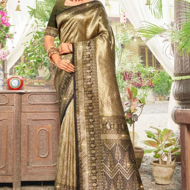 Gold, Black, Green Saree