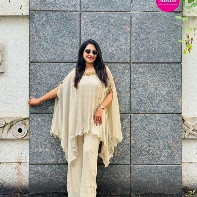 Beige, Gold Cape Top and Palazzo Pants Set