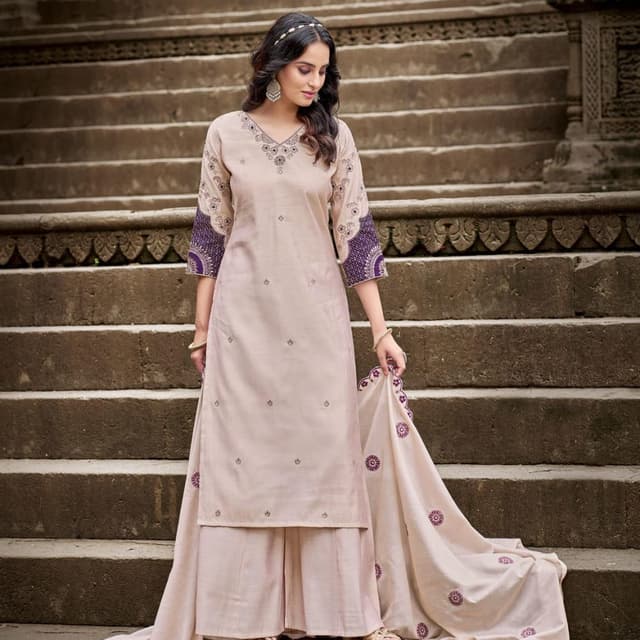 Beige, Purple Kurta Set