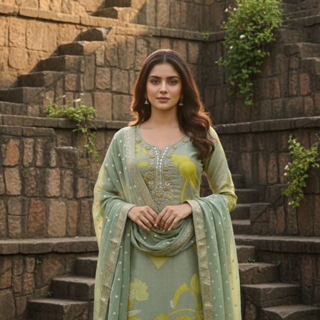Sage green and yellow Salwar Kameez with Dupatta