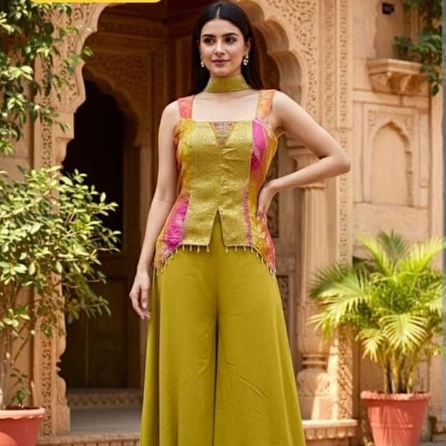 Olive Green, Pink, Orange Palazzo Suit