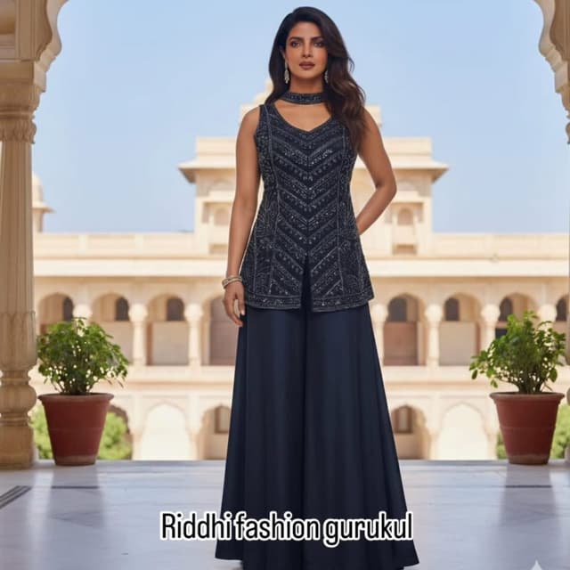 Navy Blue Sharara Set