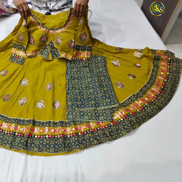 Olive green, navy blue, pink, and gold Lehenga Choli