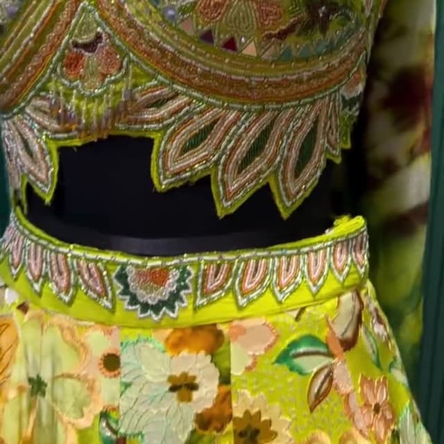 Lime green, orange, white, and brown Lehenga Choli