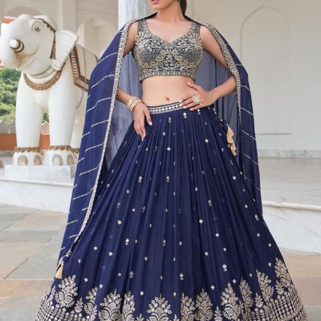 Navy Blue and Gold Lehenga Choli with Cape