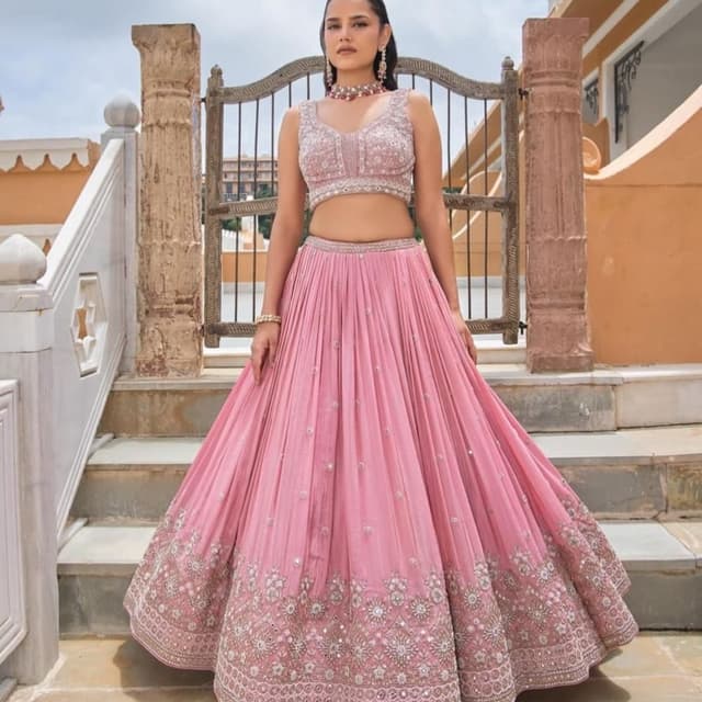 Pink, Silver Lehenga Choli