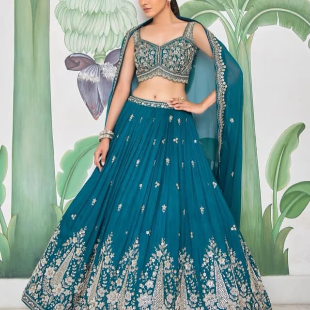 Teal, Silver Lehenga Choli