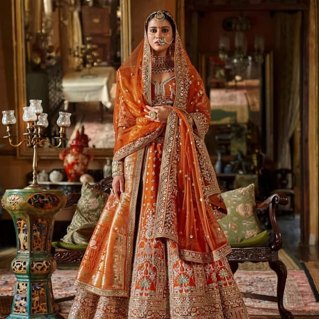 Orange, Gold Lehenga Choli