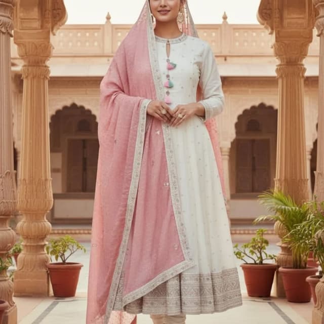 White and Pink Anarkali Suit