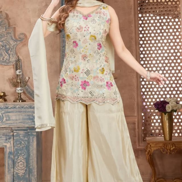 Ivory, Pink, Yellow, and Light Green Sharara Suit