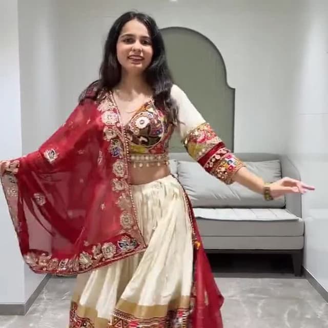Red, Cream, Gold, and Multicolor Lehenga Choli