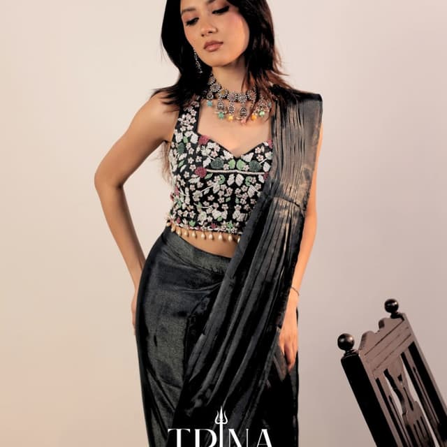 Black, Silver, White, Green, Pink, and other colorful accents Saree Blouse and Saree