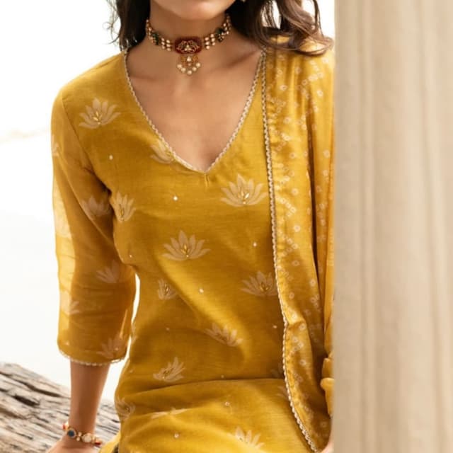 Mustard yellow with off-white accents Kurta set with dupatta