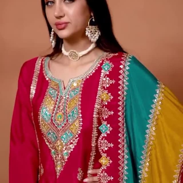 Red, Green, Yellow, Gold Kurta with Dupatta