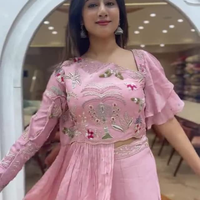 Pink with hints of green and red Kurta and Pants set