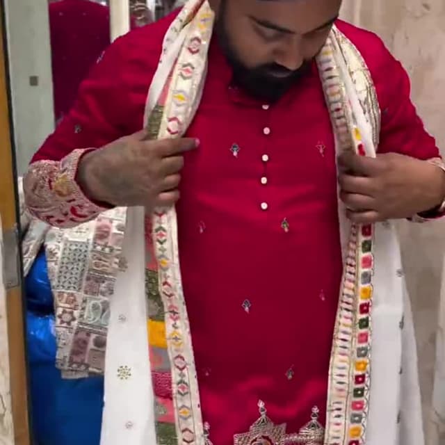 Red, White, Multicolor Kurta with Shawl