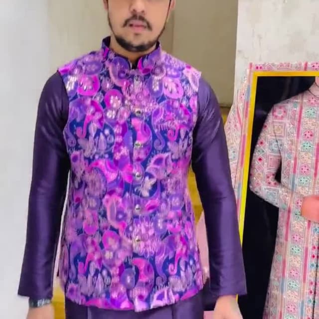 Purple, Pink, Blue Kurta and Waistcoat Set