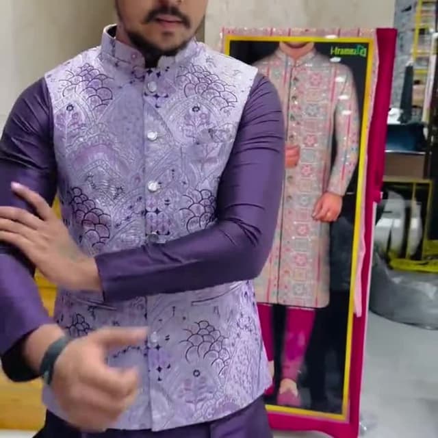 Purple, White Waistcoat and Kurta Set