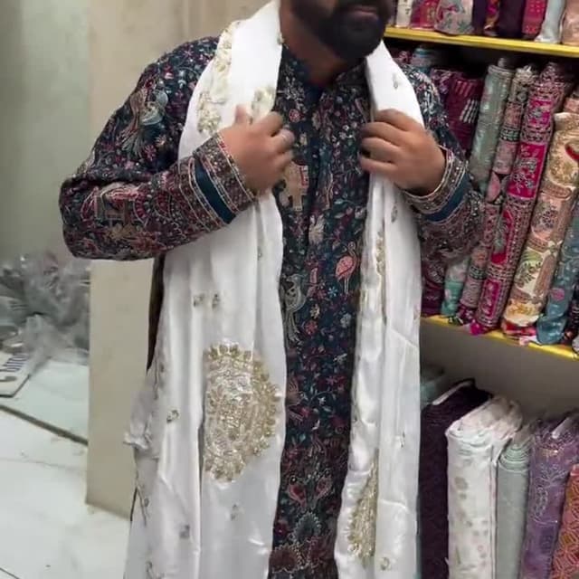 White, Dark Teal, Maroon, Gold Kurta with Shawl