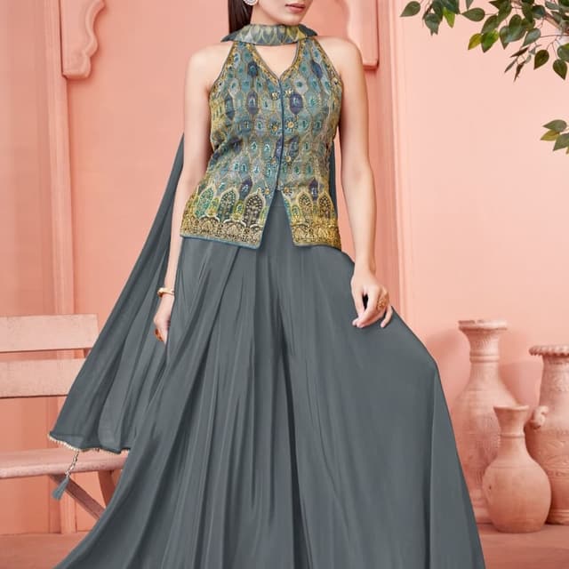 Teal, Gold, Gray Palazzo Suit