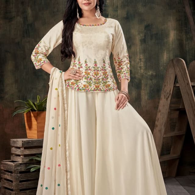 Ivory, with multicolor floral embroidery Palazzo Suit