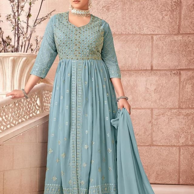 Blue and Gold Anarkali Suit