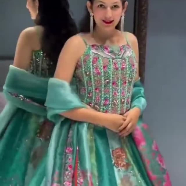 Teal, Pink, and Gold Gown with Dupatta