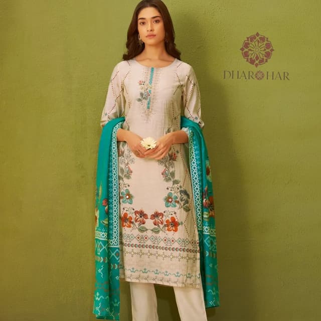 Cream, Teal, Orange, Brown Salwar Suit
