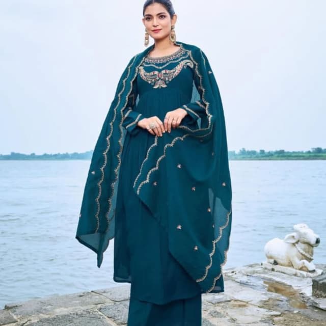 Teal with gold accents Anarkali Suit with Dupatta