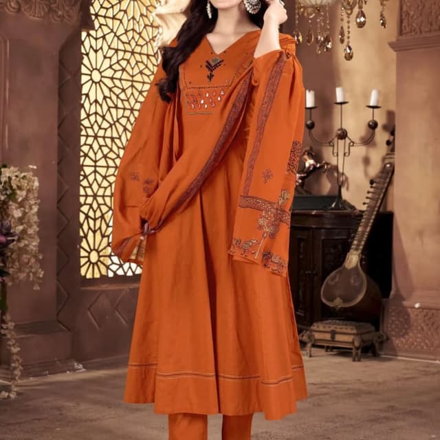 Orange with black and beige accents Kurta with pants