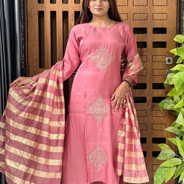Pink and Gold Kurta with Pant and Dupatta Set