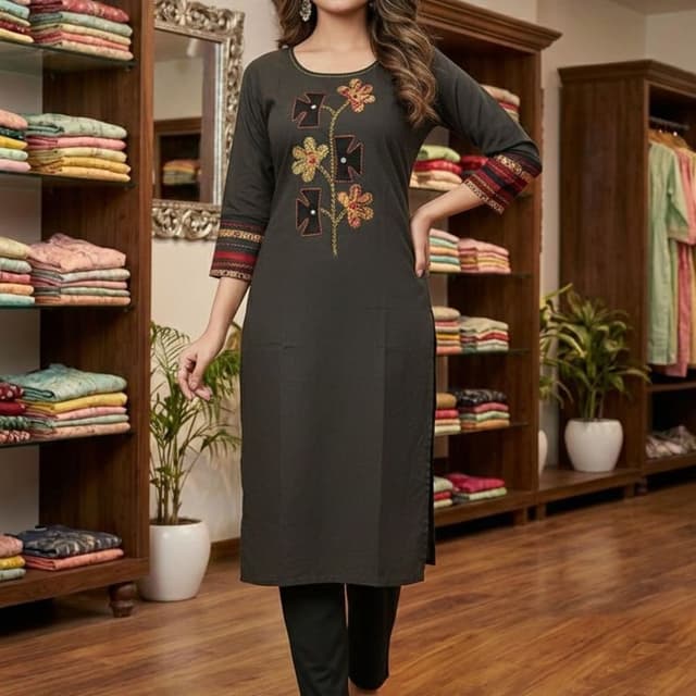 Dark Gray, Black, Red, Yellow, Brown Kurti with Pants