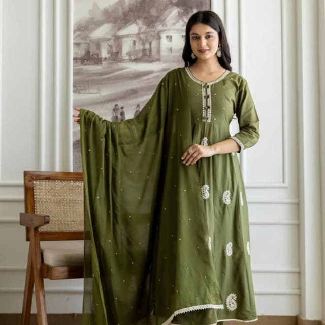 Olive Green and White Kurta Set with Dupatta