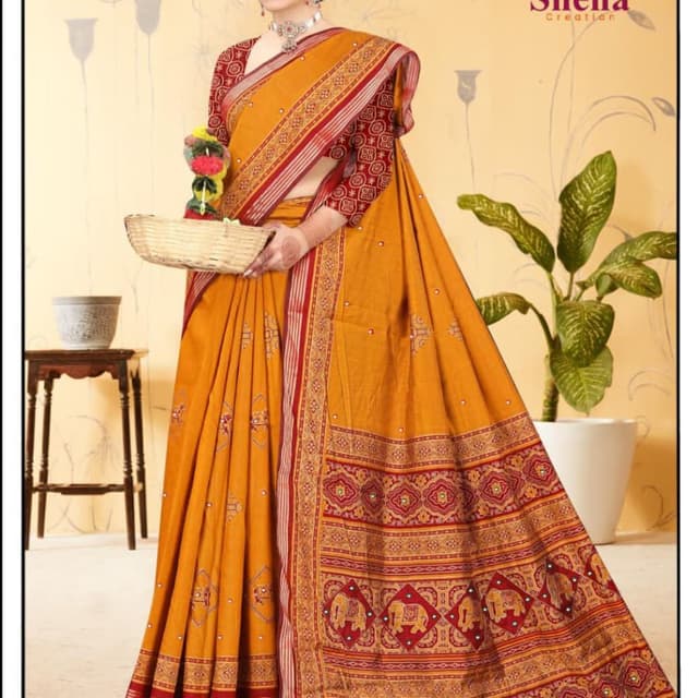 Mustard yellow, red and gold Saree