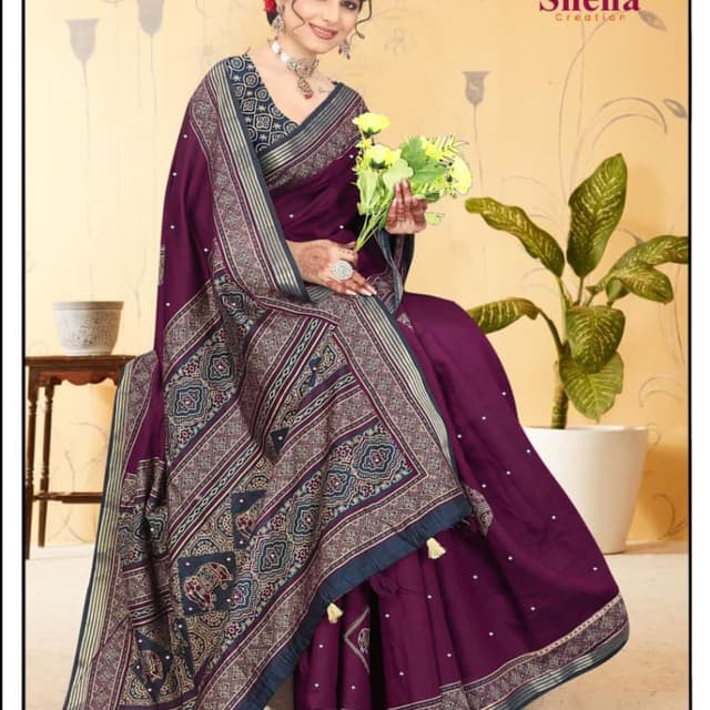 Deep purple, navy, gold Saree