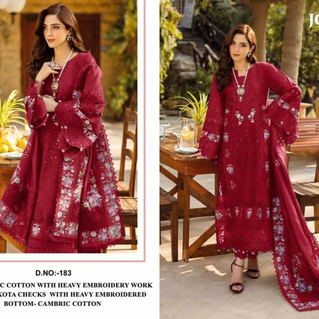 Red with floral embroidery in shades of pink, white and green Kurta with matching trousers or salwar