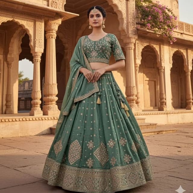 Teal, Gold Lehenga Choli