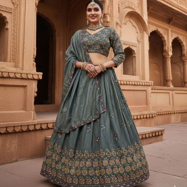 Teal, Gold, Green, Red Lehenga Choli