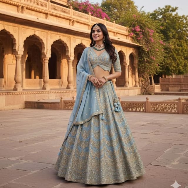 Powder Blue and Gold Lehenga Choli