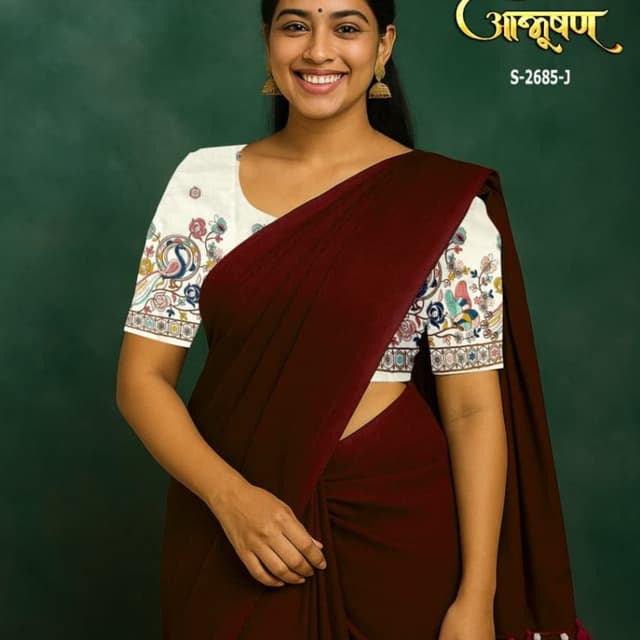 Maroon and White with Multicolor Embroidery Saree