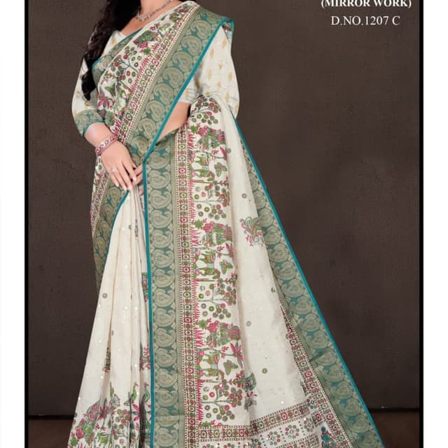 Ivory, Green, Pink, Teal Saree