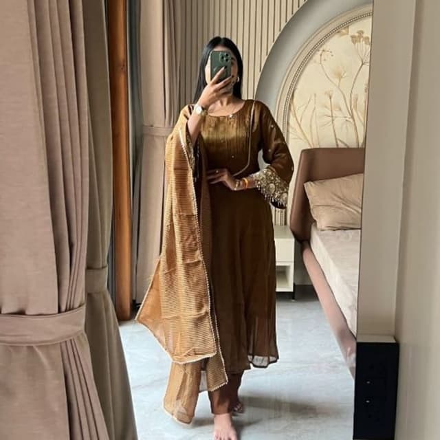 Brown and Gold Kurta with Pant and Dupatta