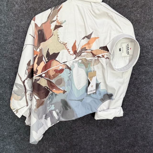 White, with a muted floral pattern in shades of brown, beige, gray, and blue Shirt