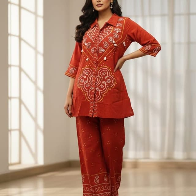 Red, White, and Yellow Kurta and Pant Set