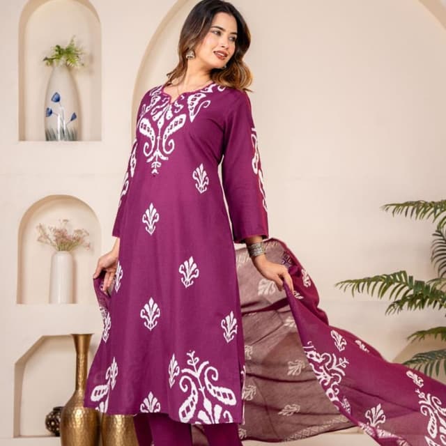Purple and White Kurta with Pants and Dupatta