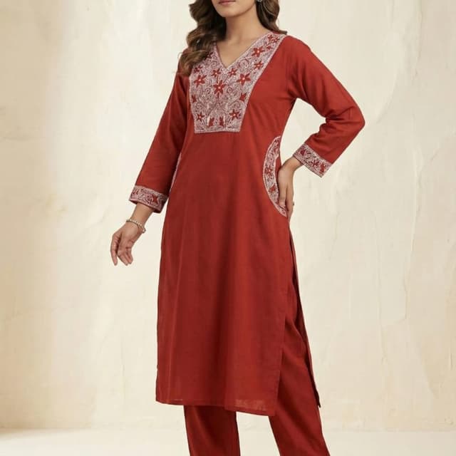 Red and White Kurta and Pants Set