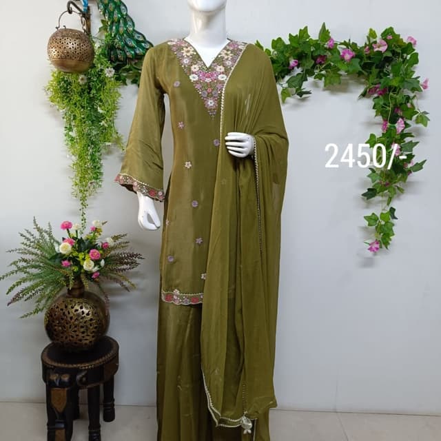 Olive Green with Multi-colored Embroidery Salwar Kameez Suit