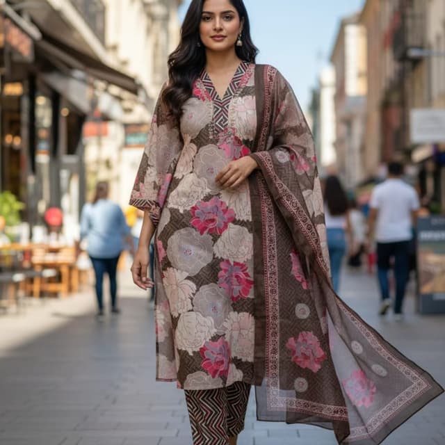Brown, Pink, White Kurta with Pants and Dupatta