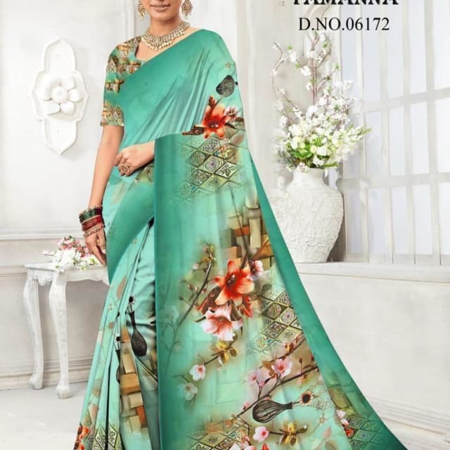 Teal, Green, Orange, Pink, Beige Saree
