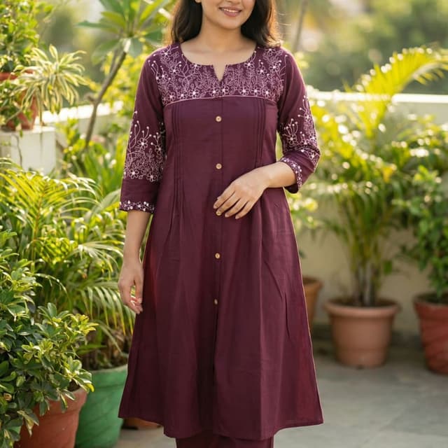 Maroon, White Kurta with pants